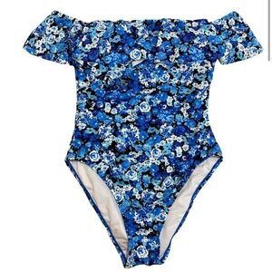 Nautica Floral Blue Ruffle Off The Shoulder One Piece Swimsuit SIZE LARGE